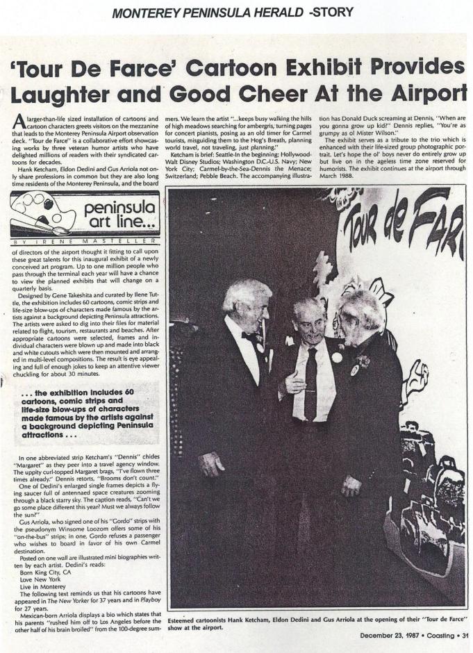 December 23, 1987 Monterey Herald Article: 'Tour De Farce' Cartoon Exhibit Provides  Laughter and Good Cheer at the Airport