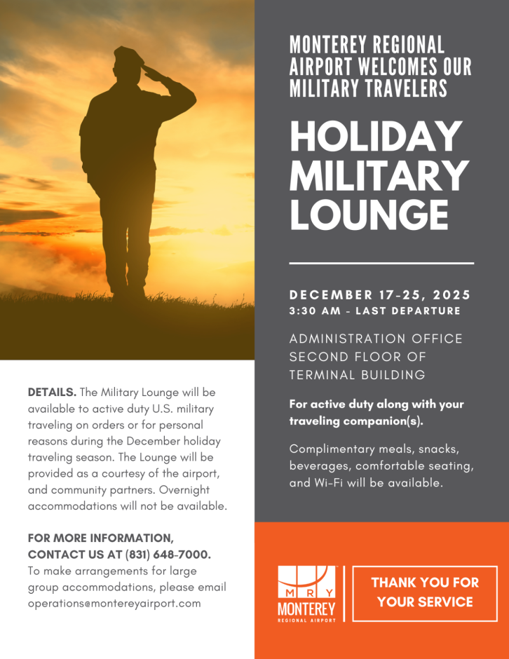 2025 Holiday Military Lounge flyer - encourages our departing active-duty servicemembers (and their traveling companions) to enjoy the amenities donated by the airport and its generous sponsors. 