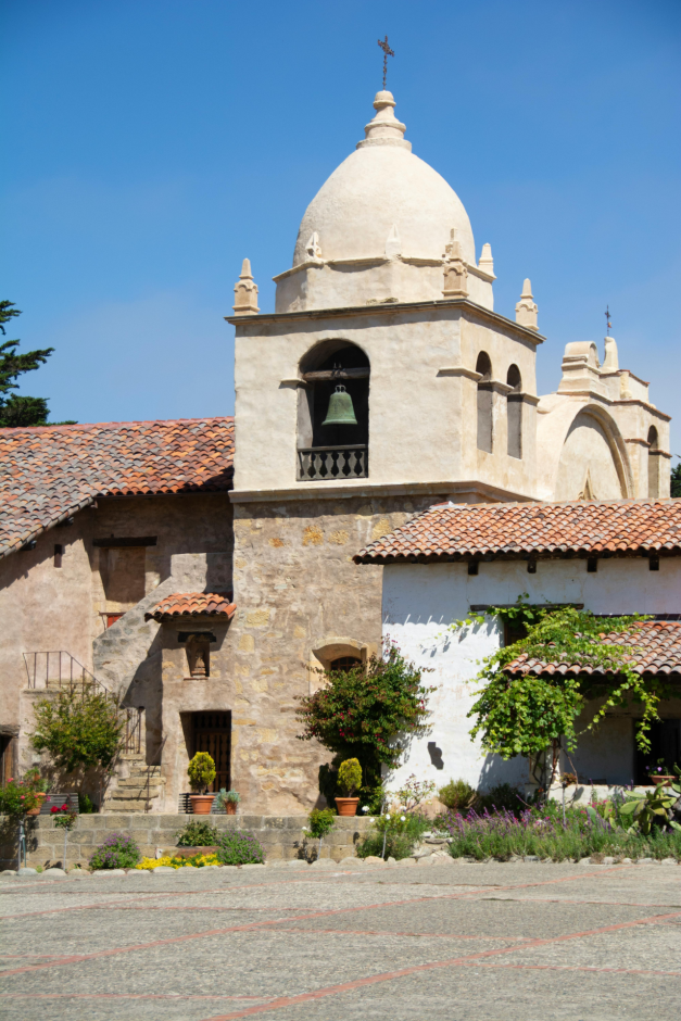 The bell tower of Carmel Mission Basilica.