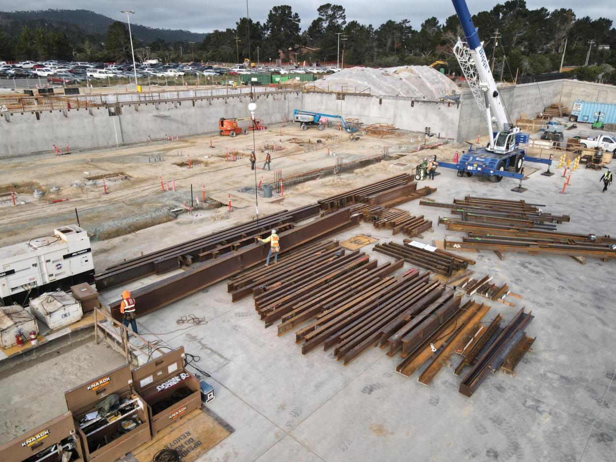 The steel is organized prior to steel erection.