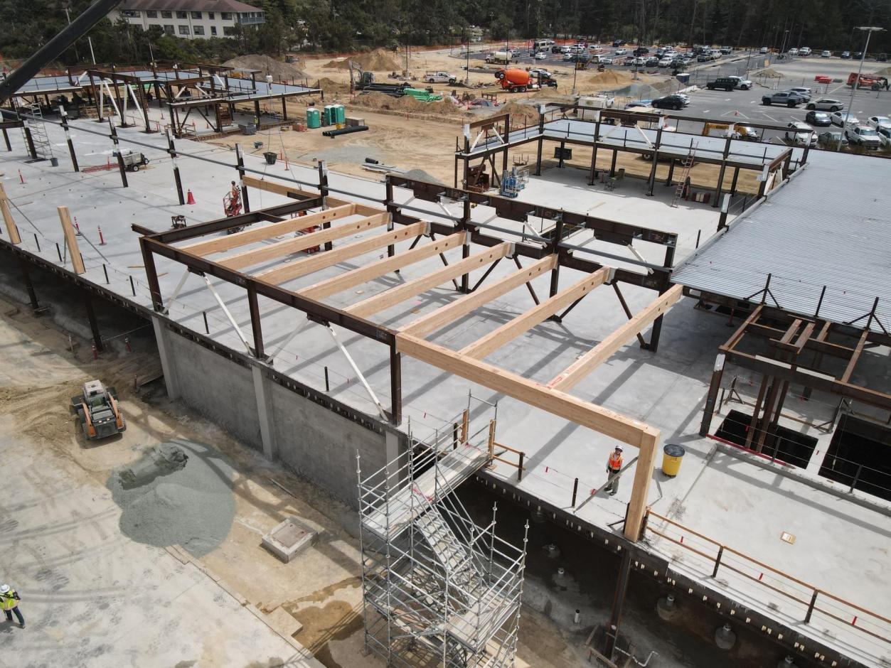 The mass timber structure for Gate 1's holding area.