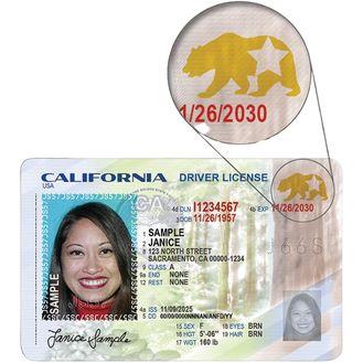 A sample of what a California REAL ID looks like. Note the golden bear with five-point star which  is located in the  top right corner of the  Real ID.