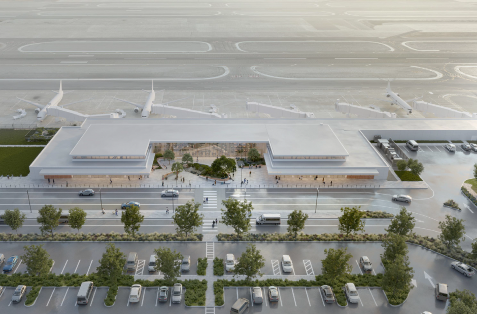 An aerial rendering of the  MRY's Replacement Terminal and airfield -- Operational Summer 2027.
