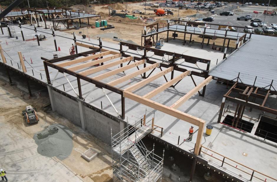 The mass timber structure for Gate 1's holding area.