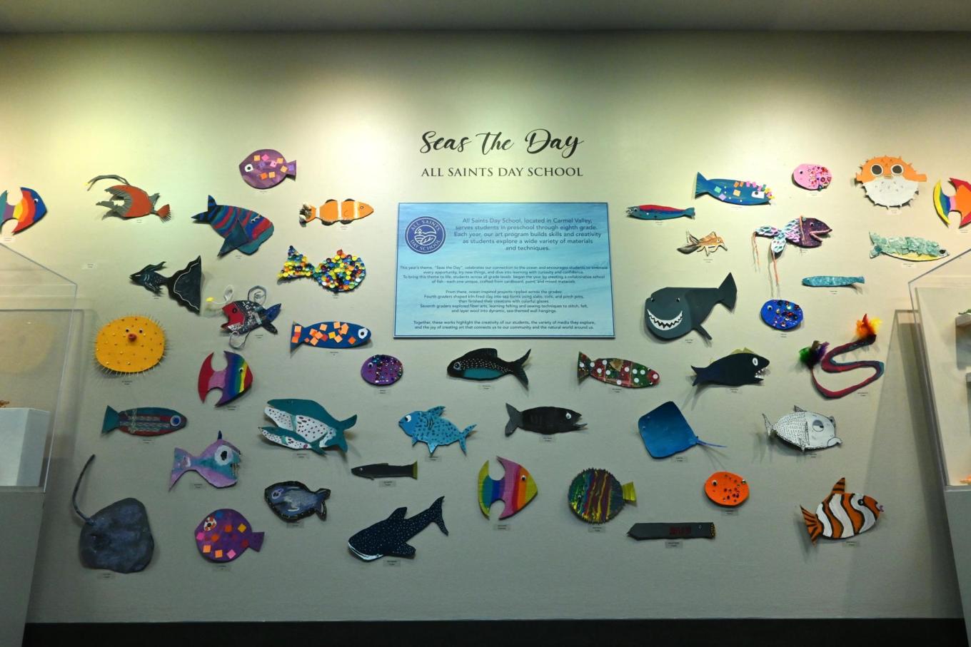 A collection of ocean-inspired artwork created by All Saints Day School Students