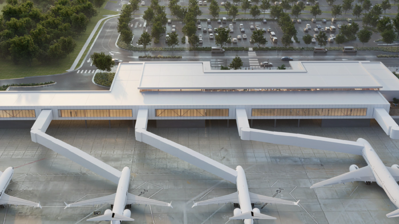 aerial rendering of airport terminal building