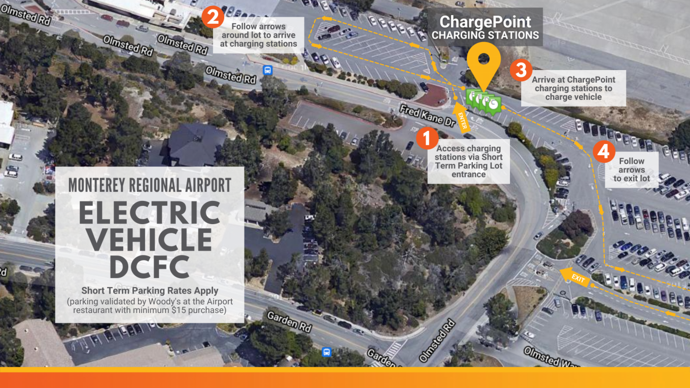A Satellite Map showing how to access the ChargePoint EV Chargers. Here is the method to access the EV Charging Stations.  1.) Access charging stations via Short Term Parking Lot entrance. 2. Follow arrows around lot to arrive at charging stations. 3. Arrive at ChargePoint charging stations to charge vehicle. 4. Follow arrows to exit lot.
