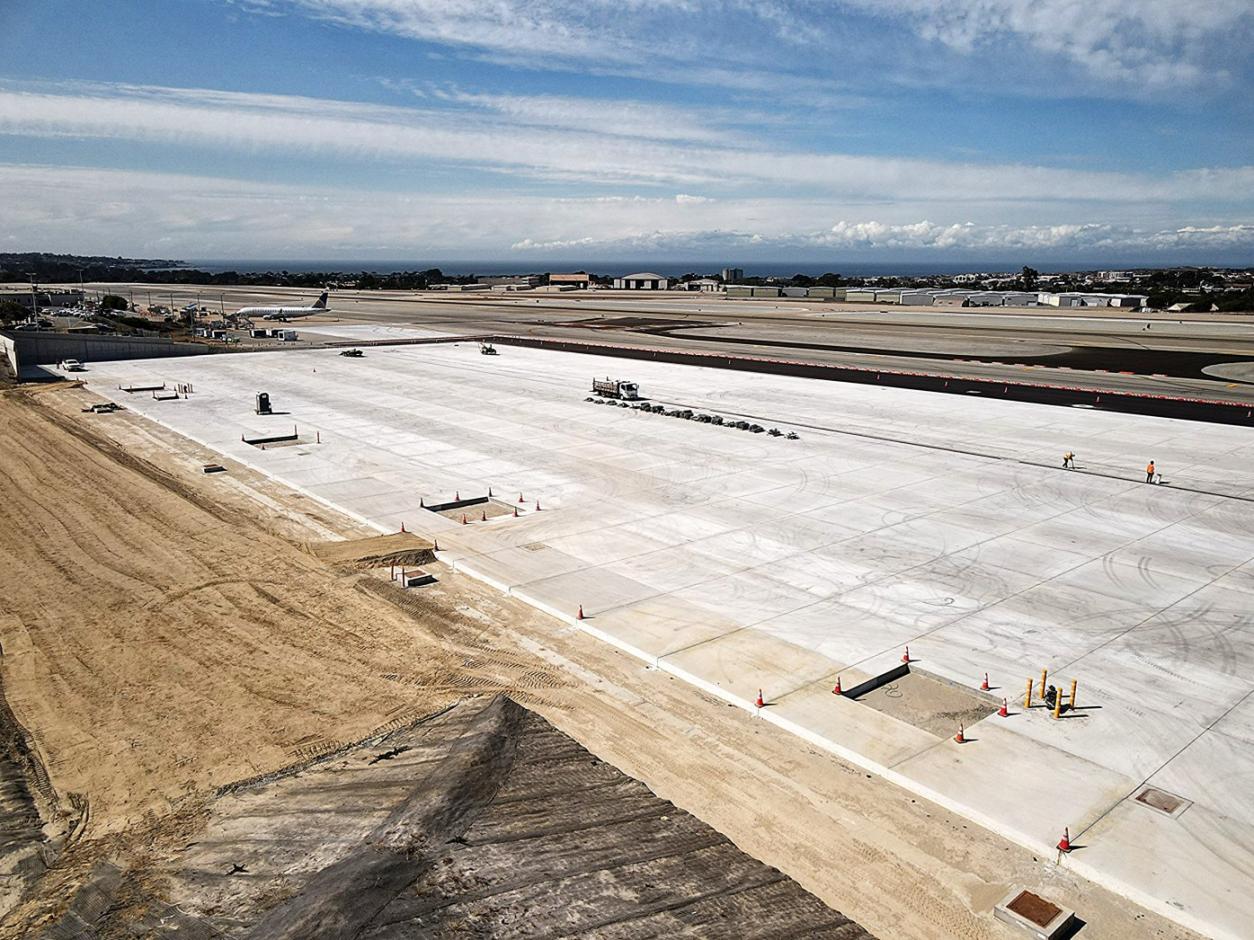 A northwest view of the newly constructed commercial apron.